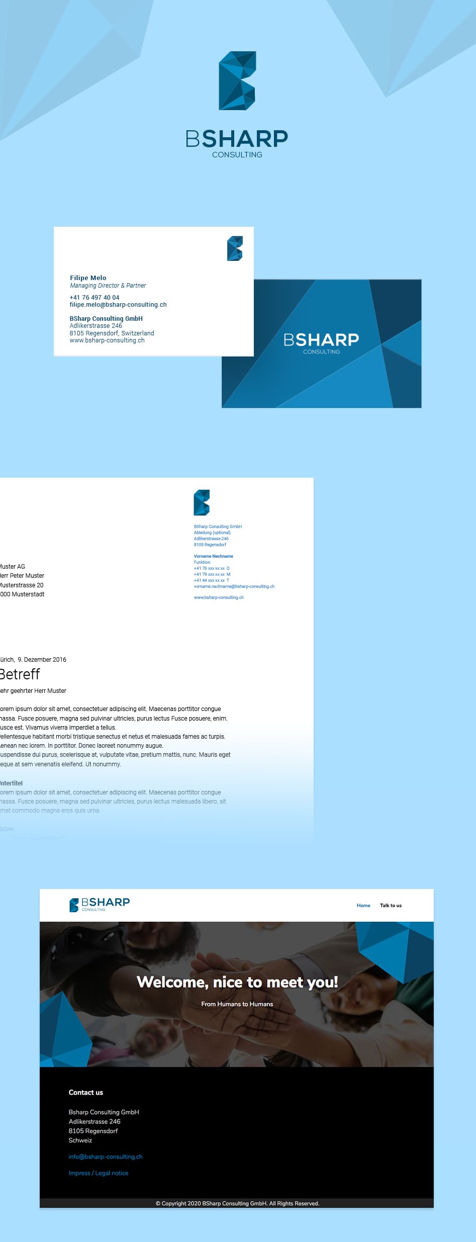 BSharp Consulting identity on light blue: the faceted blue “B” logo and wordmark, front and back of the business card, a letterhead, and the website’s “Welcome, nice to meet you!” page