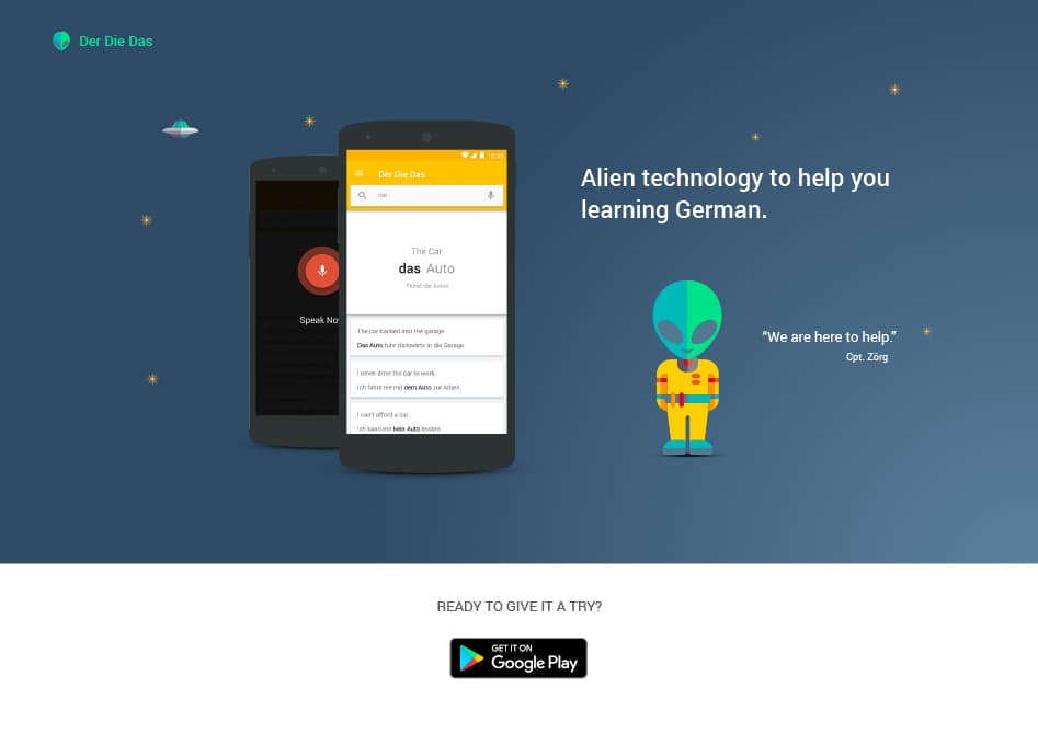 Der Die Das landing page: Android phones showing the result “das Auto” and voice search, an alien mascot in a yellow suit and a “Get it on Google Play” badge