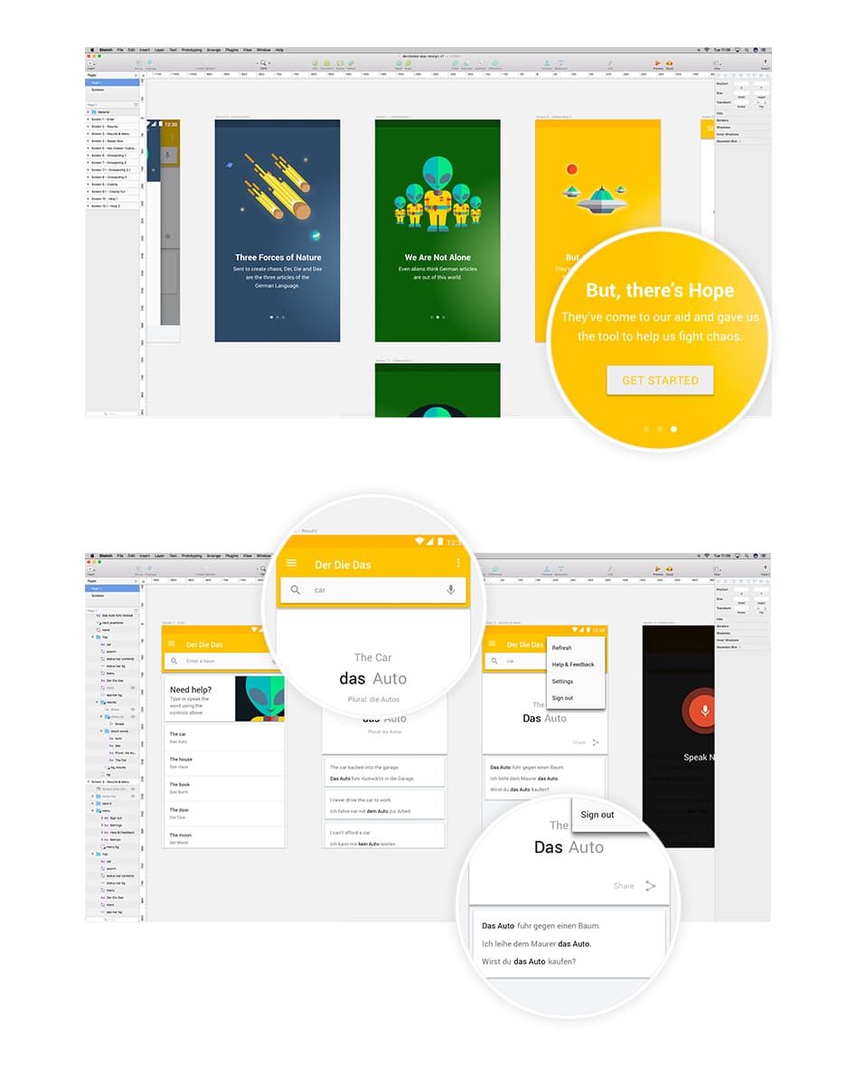 Der Die Das screens in Sketch with magnified details: illustrated onboarding slides such as “But, there’s Hope” and the results screen for “das Auto” with example sentences
