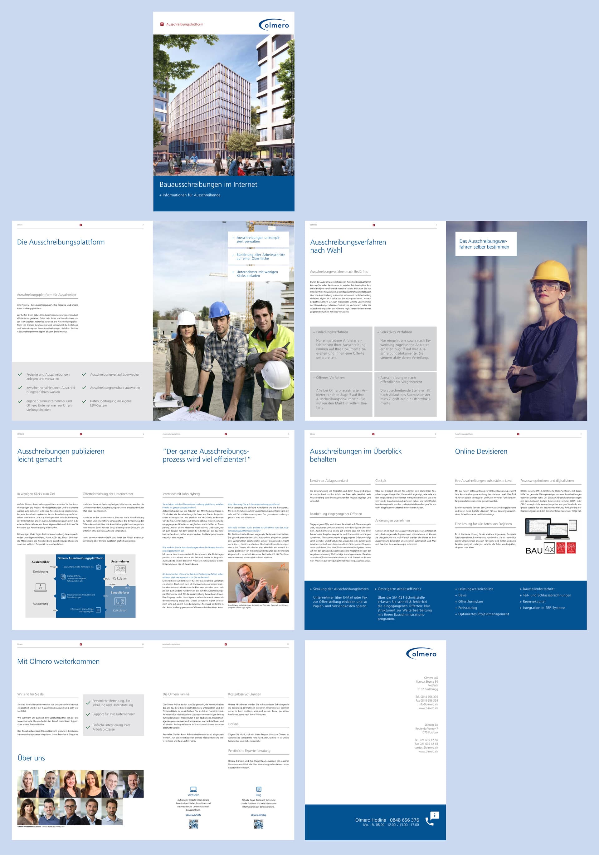 Olmero brochure “Bauausschreibungen im Internet” laid out page by page: cover with a modern office building, spreads with construction workers, a process diagram, an interview, the team and the back cover
