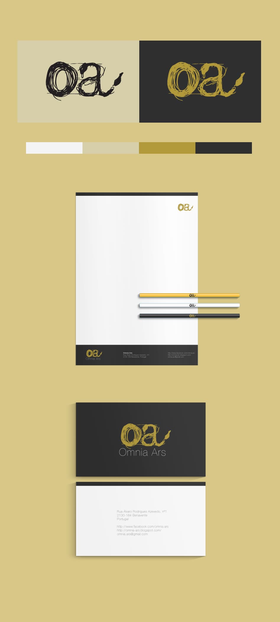 Omnia Ars identity: the scribbled, hand-drawn “oa” monogram with a brush-tip flourish in black and gold, a four-colour palette strip, a letterhead with branded pencils, and business cards