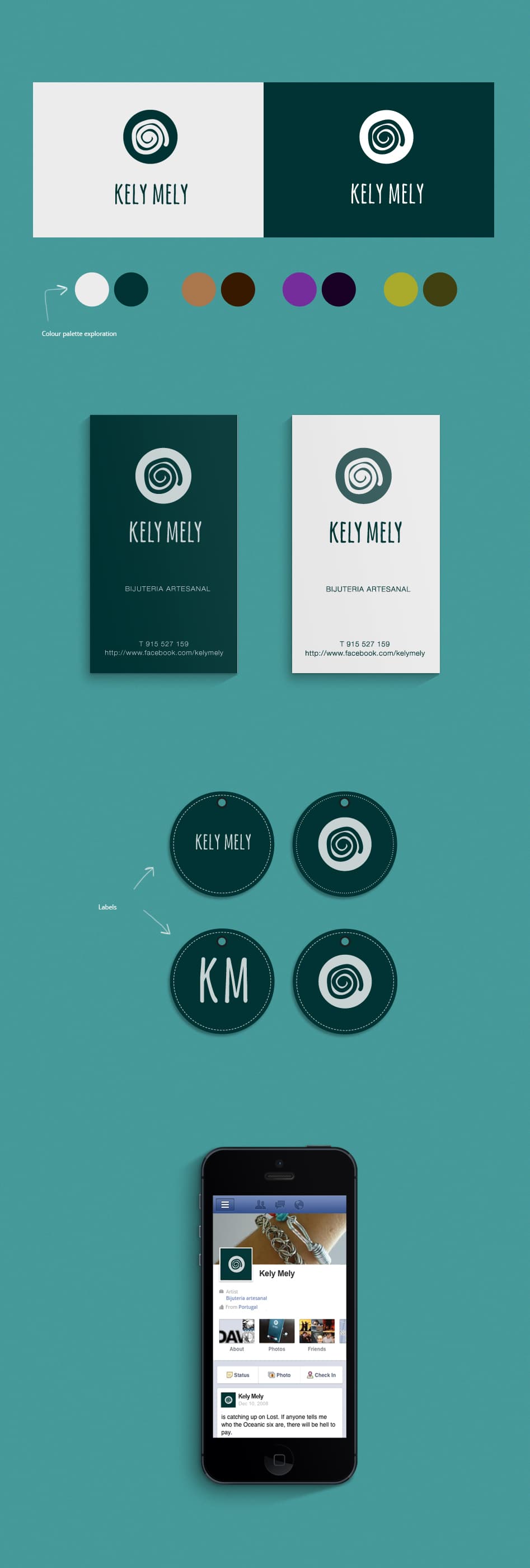 Kely Mely identity on teal: the round spiral logo and wordmark, a colour palette exploration, dark and light business cards, round hang tags and a Facebook page on a phone
