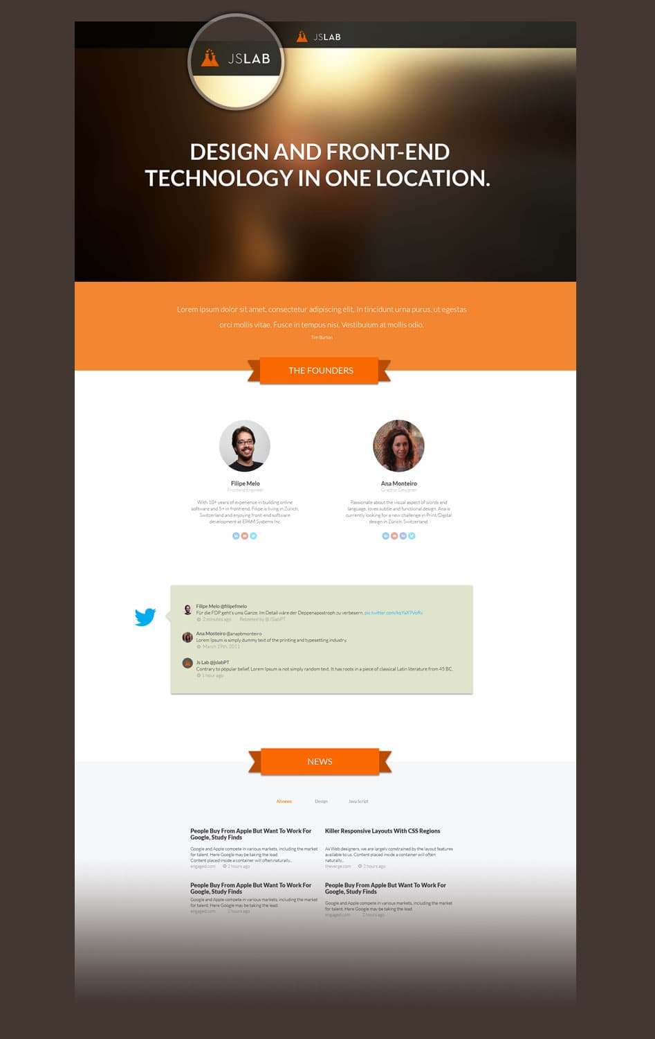 JS Lab website mockup: the two-flask logo magnified, the headline “Design and front-end technology in one location.”, “The founders” Filipe Melo and Ana Monteiro, a Twitter feed and a news grid