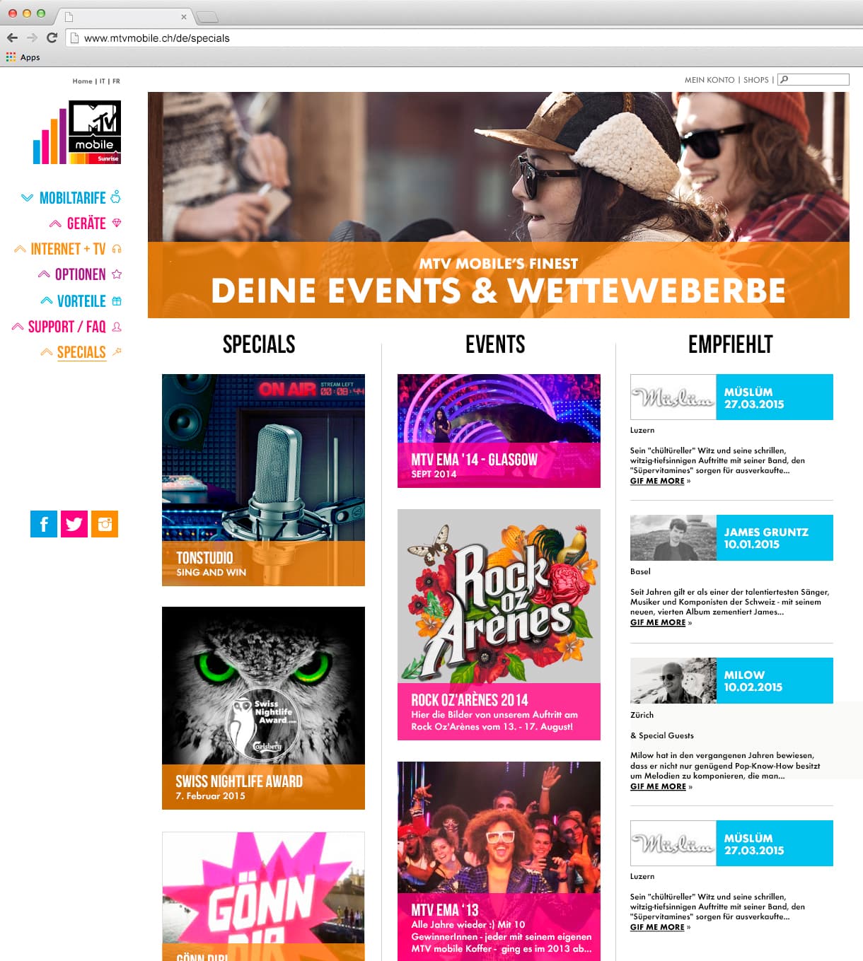 MTV Mobile Specials page on desktop: an orange “MTV Mobile’s finest” banner over young people in beanies, then Specials, Events and Empfiehlt columns of event and concert tiles