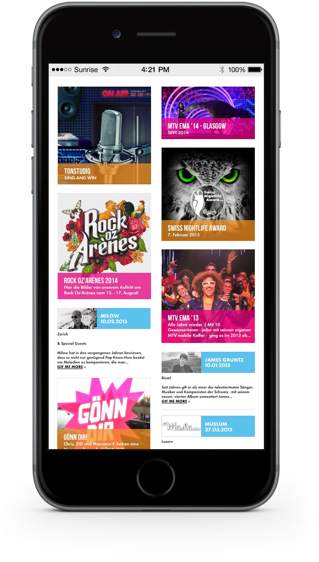 MTV Mobile Specials page on an iPhone: event tiles in two columns, such as Tonstudio, MTV EMA ’14 Glasgow, Rock Oz’Arènes 2014 and Swiss Nightlife Award