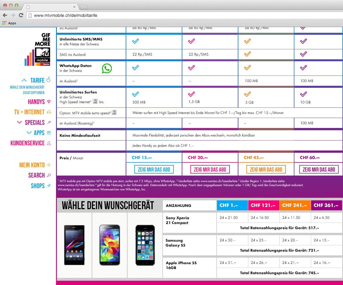 MTV Mobile “Mobiltarife” page on desktop: a tariff table with colour-coded check marks and prices from CHF 15 to CHF 60 a month, then “Wähle dein Wunschgerät” with three phones