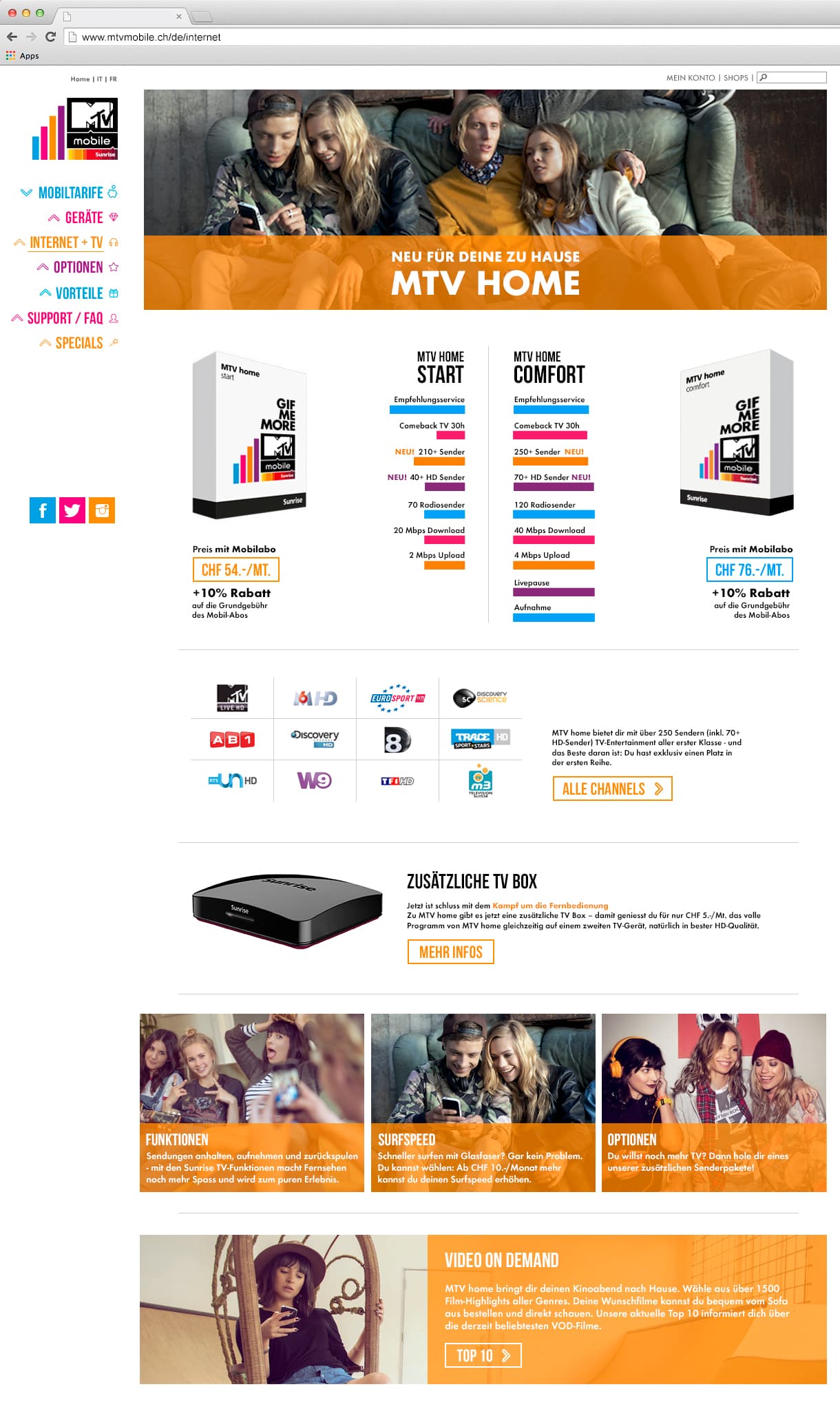 MTV Home internet and TV page on desktop: the banner “Neu für deine zu Hause MTV Home”, Start and Comfort packages at CHF 54 and CHF 76 a month, a channel logo grid, a TV box and orange feature tiles