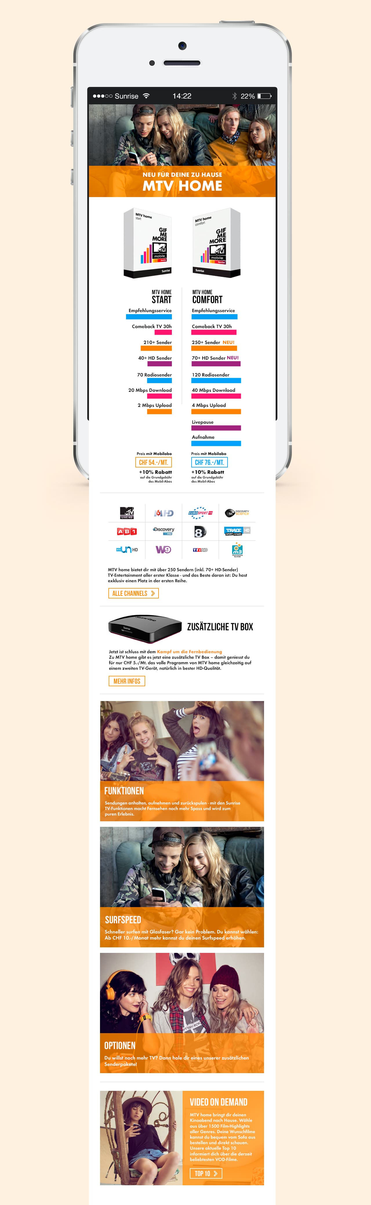 MTV Home page on an iPhone, extended below the phone to show the full scroll: banner, Start and Comfort package comparison, channel logos, TV box, feature tiles and Video on Demand