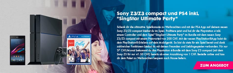 Winter promo banner: a Sony Xperia phone, PS4 console and “SingStar Ultimate Party” game beside a hooded girl, with offer text and a pink “Zum Angebot” button
