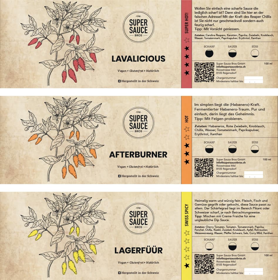 Labels for Lavalicious, Afterburner and Lagerfüür: line-drawn chilli plants in red, orange and yellow, heat ratings, taste scales and QR codes on kraft paper