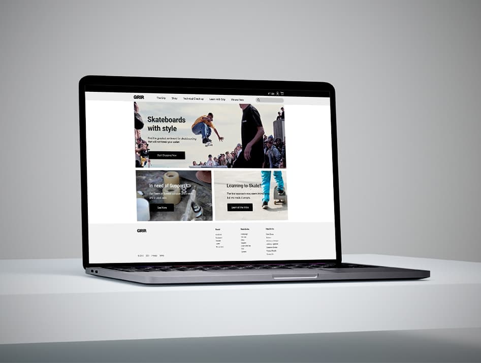 Laptop showing the GRIP skate shop home page: a skater mid-trick under “Skateboards with style”, above “In need of Support?” and “Learning to Skate?” teasers