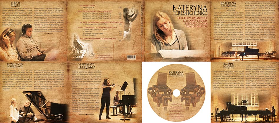 The full CD packaging laid flat: booklet pages about the performers with sepia concert photos, the track list, the cover, and the disc printed with the same aged-paper texture