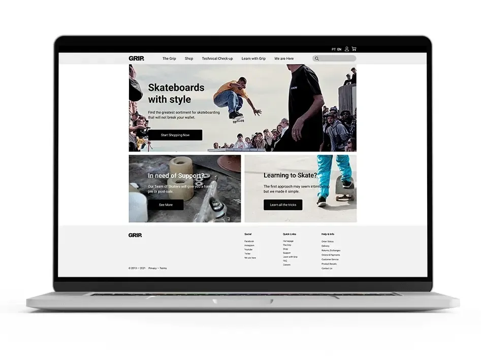 Animation on a laptop mockup clicking through the GRIP online store: home page, shop and beginner filter, a Penny board product page, then the cart, login, address, payment and validation steps